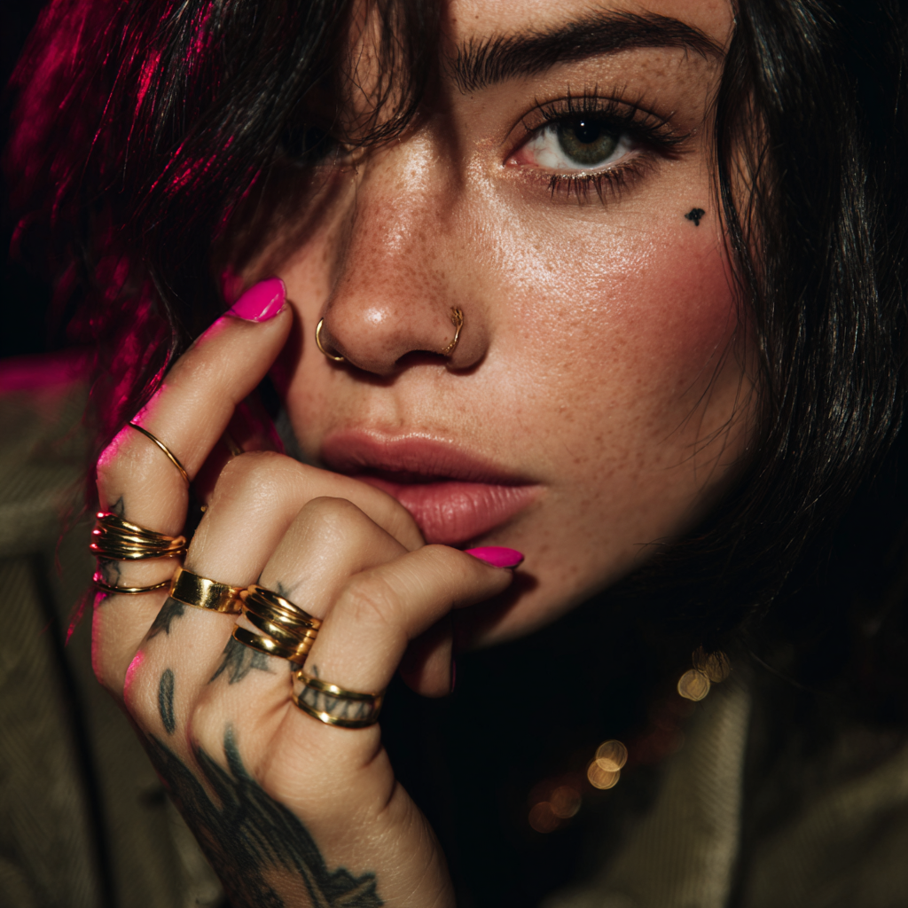 Kobieta z biżuterią — stylizacja paznokci
